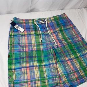 NWT Green blue purple plaid swim shorts